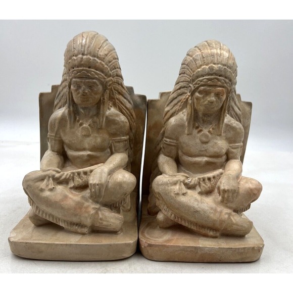 Vintage Montana Swirl Bookends Native American Chief Clay Pottery Set of 2